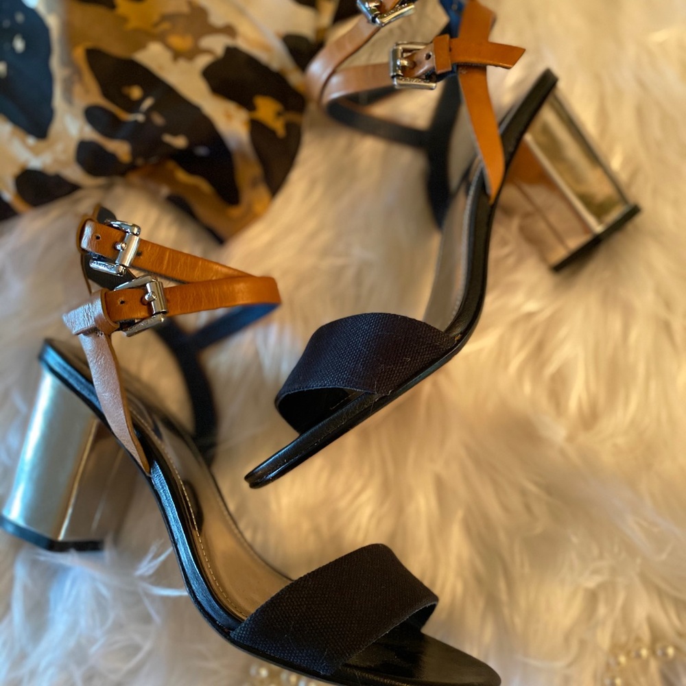Coach Block Heel Two Tone Silver Hi Heel Sandals - Size 6.5
